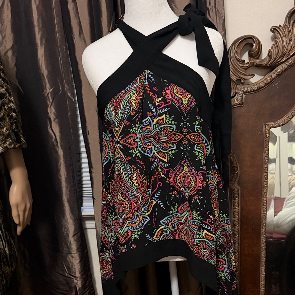 New York & Company Black Paisley Tie-Shoulder Halter Tank